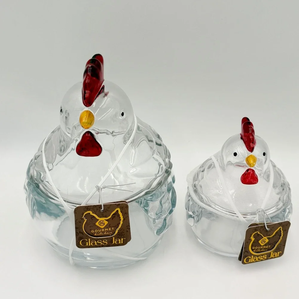 Gourmet Kitchen Glass Chicken Jar Set of 2 Clear Hen Canisters Farmhouse Decor